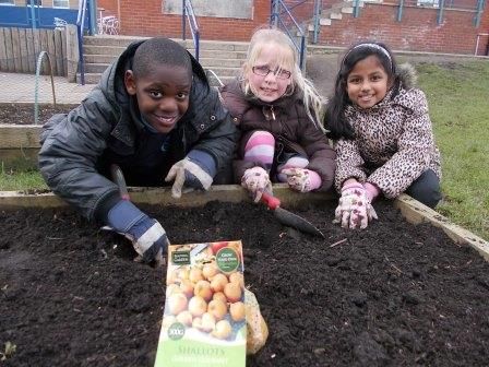 School children pose with a pack of seeds next to an empty raised bed.