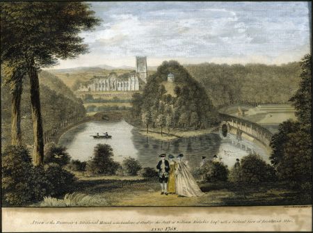 One of four views of the water garden at Studley Royal Water Gardens, North Yorkshire, by A Walker after Balthazar Nebot (fl. 1730-62), coloured mezzotints, 1758. Image reference 147157. ©National Trust Images/John Hammond. www.nationaltrust.org.uk