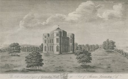 The South-East & West aspect of Grimston Hall, the Seat of Thomas Grimston Esq by James Basire, c. 1784. British Library: Maps K.Top.45.22.