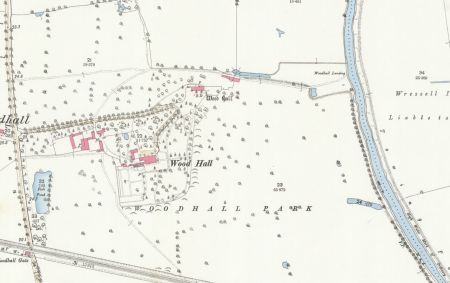 Figure 5. Wood Hall estate from Ordnance Survey 25” 1st edition, surveyed 1889, published 1891, showing new tree avenue along drive and terraced garden around the Hall.