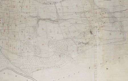 Historic map showing house and surrounding landscape of fields and woodland