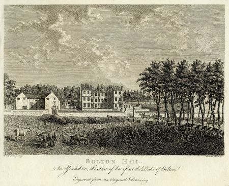 Engraving of country house with outbuildings and trees and lawn in foreground
