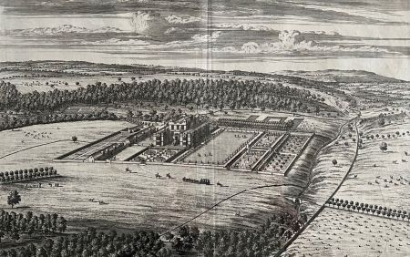 Engraving of birds eye view showing country house and surrounding gardens and trees