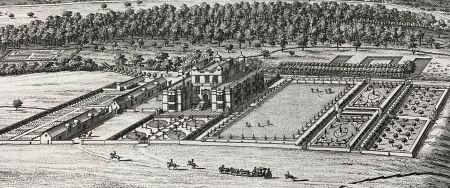 Engraving of country house surrounded by formal gardens