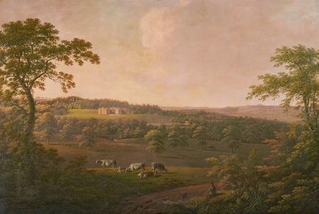 Painting with country house in its landscape setting, with cattle grazing in foreground