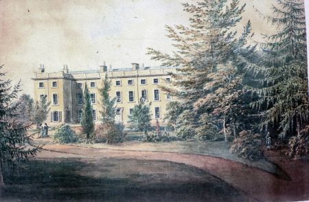 Painting of a large three storey house, flanked by trees