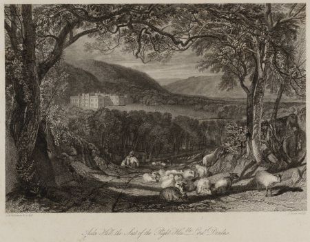Black and white engraving showing country house in distance with sheep in foreground