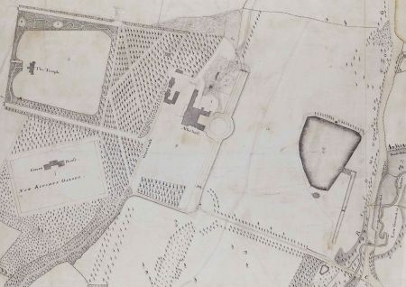 Historic map showing country house at centre with other landscape features marked, including lake, temple and kitchen garden