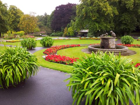 A view of Valley Gardens, Harrogate showing bedding planting and water feature