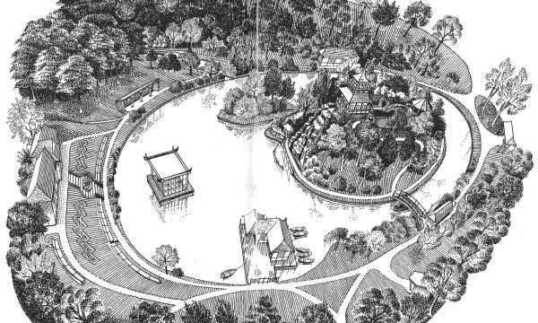 Drawing of Peasholm Park, Scarborough showing lake and island