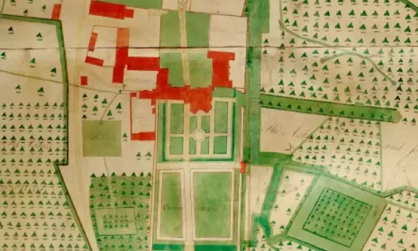 1722 map of Newburgh priory and gardens showing formal gardens, watercourses and orchards