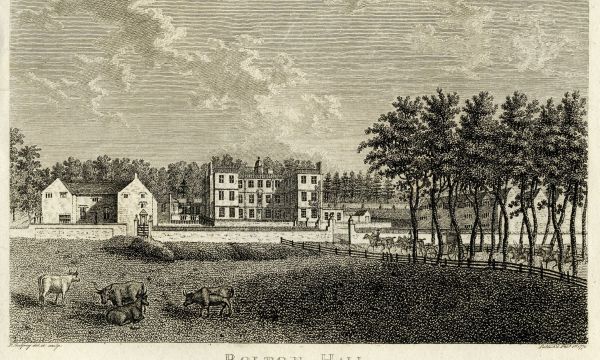 Engraving of country house with outbuildings and trees and lawn in foreground