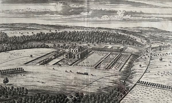 Engraving of birds eye view showing country house and surrounding gardens and trees