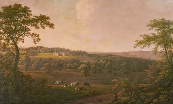 Painting with country house in its landscape setting, with cattle grazing in foreground