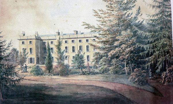 Painting of a large three storey house, flanked by trees